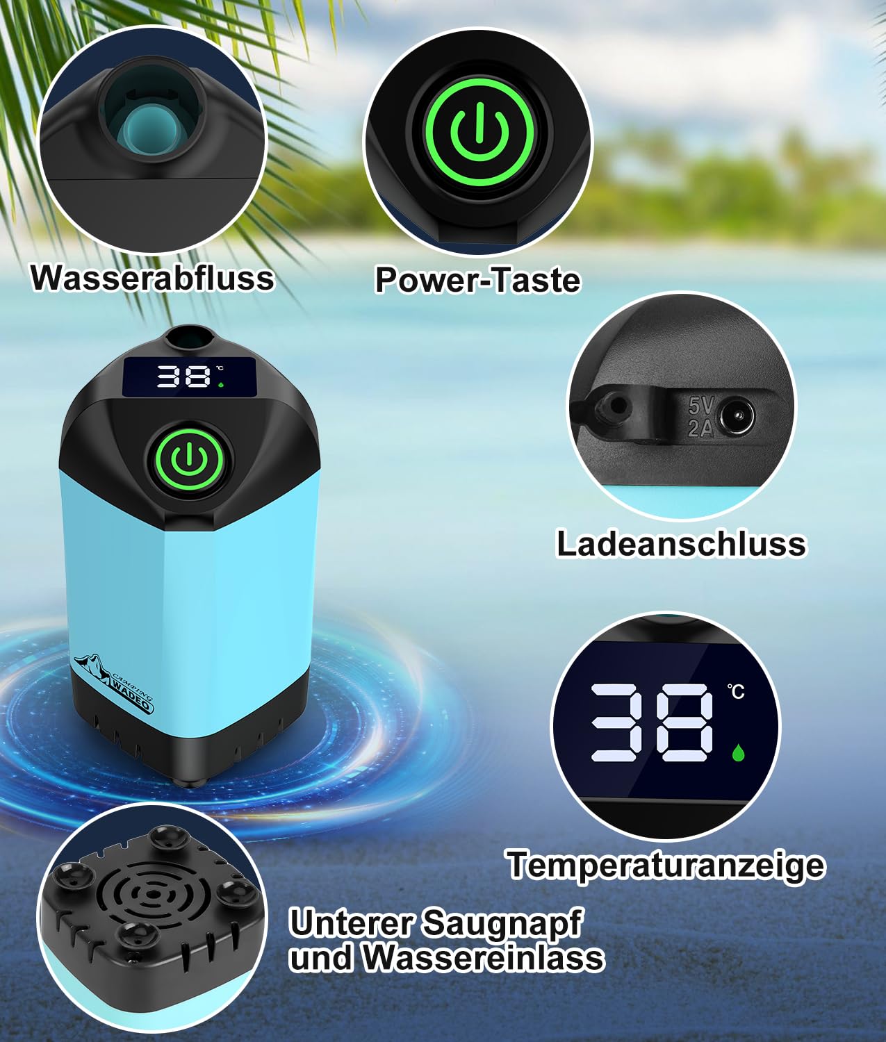 WADEO Tragbare Campingdusche Akku mit Pumpe, Camping Dusche Outdoor mit wiederaufladbarem 6000-mAh-Akku, Mobile Duschen Außenduschen mit Duschkopf und Schlauch, für Camping Reisen Garten Autowaschen