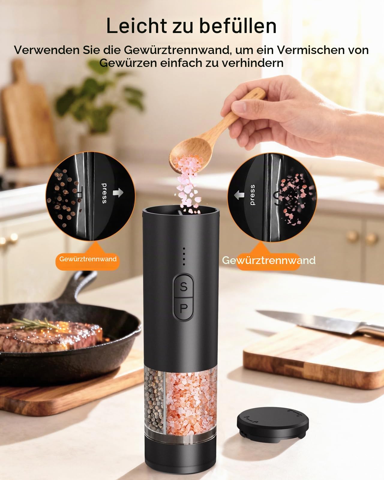 AMOSA Salz und Pfeffermühle Elektrisch, 2-in-1 Doppelbehälter USB Aufladbar, Nachfüllbar Automatisch Pfeffer Und Salzmühle mit LED-Licht, Dual Keramikmahlwerk, Einstellbare Mahlgradstärke, Schwarz
