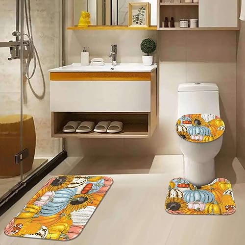 Miniatura 7 de ArtSocket Juego de 3 alfombras y tapetes de baño de girasol, calabazas de otoño, antideslizantes, alfombra de baño de microfibra absorbente de