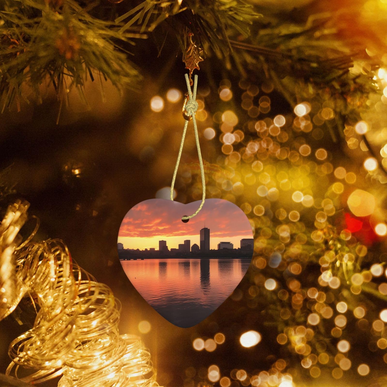 Christmas Heart Shaped Ornaments 1 Pcs, Double-Side Ceramic Xmas Tree Hanging Ornament with Gold String Boston Charles River City Skyline Sunset Personalized Porcelain 2025 Christmas Pendent