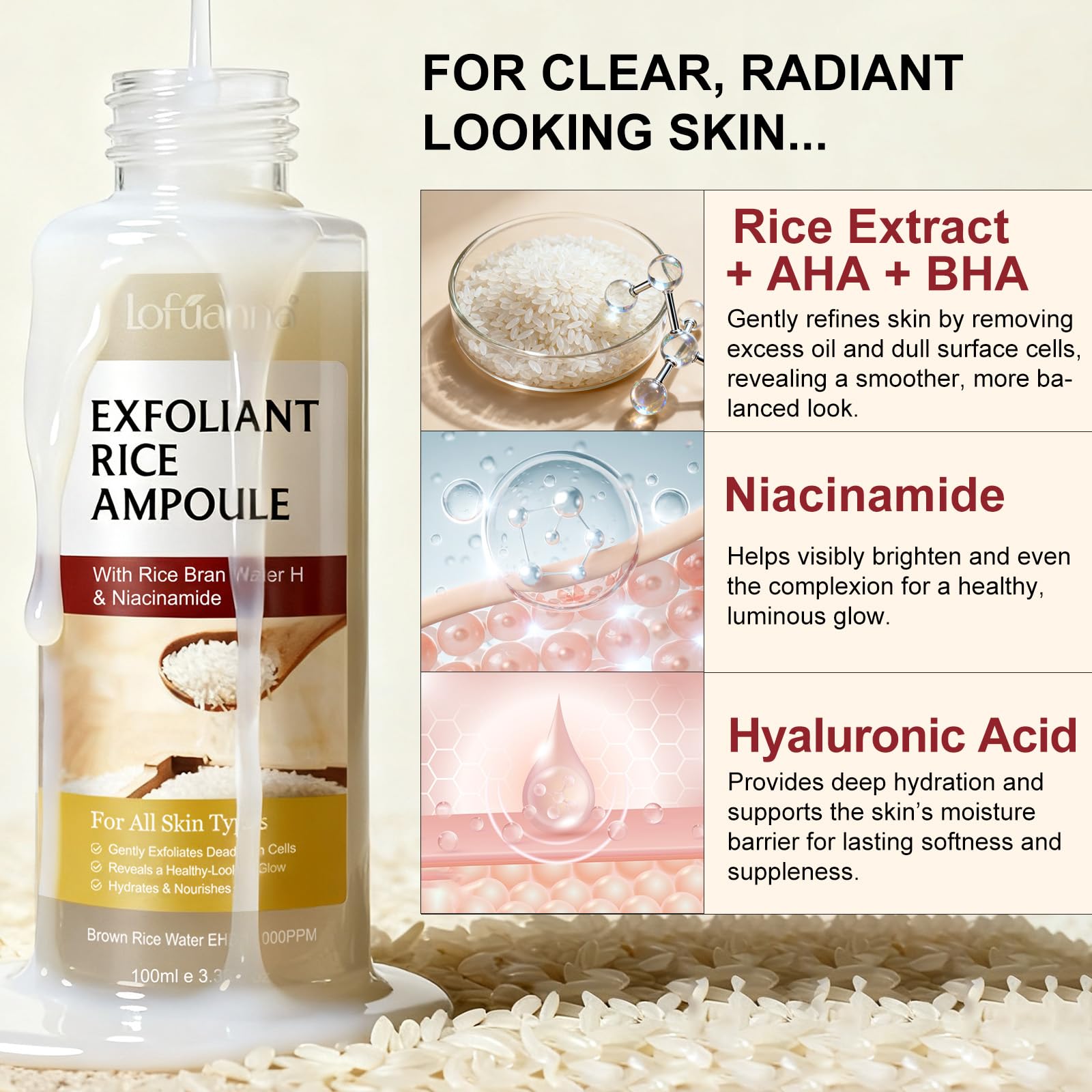 Siero Esfoliante al Riso 100ml, Siero Coreano Esfoliante al Riso, Peeling Viso Delicato,Scrub Viso Anti Punti Neri Rimozione, Riduce Pori, Idratante e Illuminante,Rimuove Cellule Morte,pelli sensibili