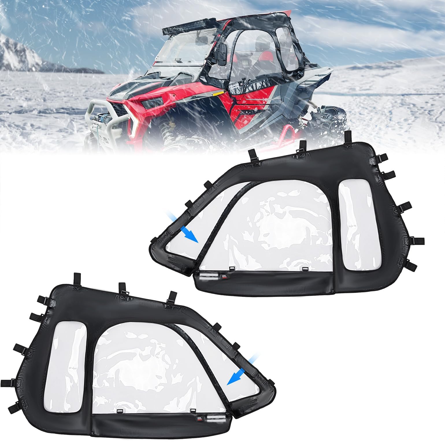 Soft Upper Doors YKK Zippers Compatible with Polaris RZR XP 1000 / XP Turbo 2014-2023, UTV Cab Enclosures Fit with Side Mirrors and Windshields 3-Pane Window Waterproof - 2 Seater