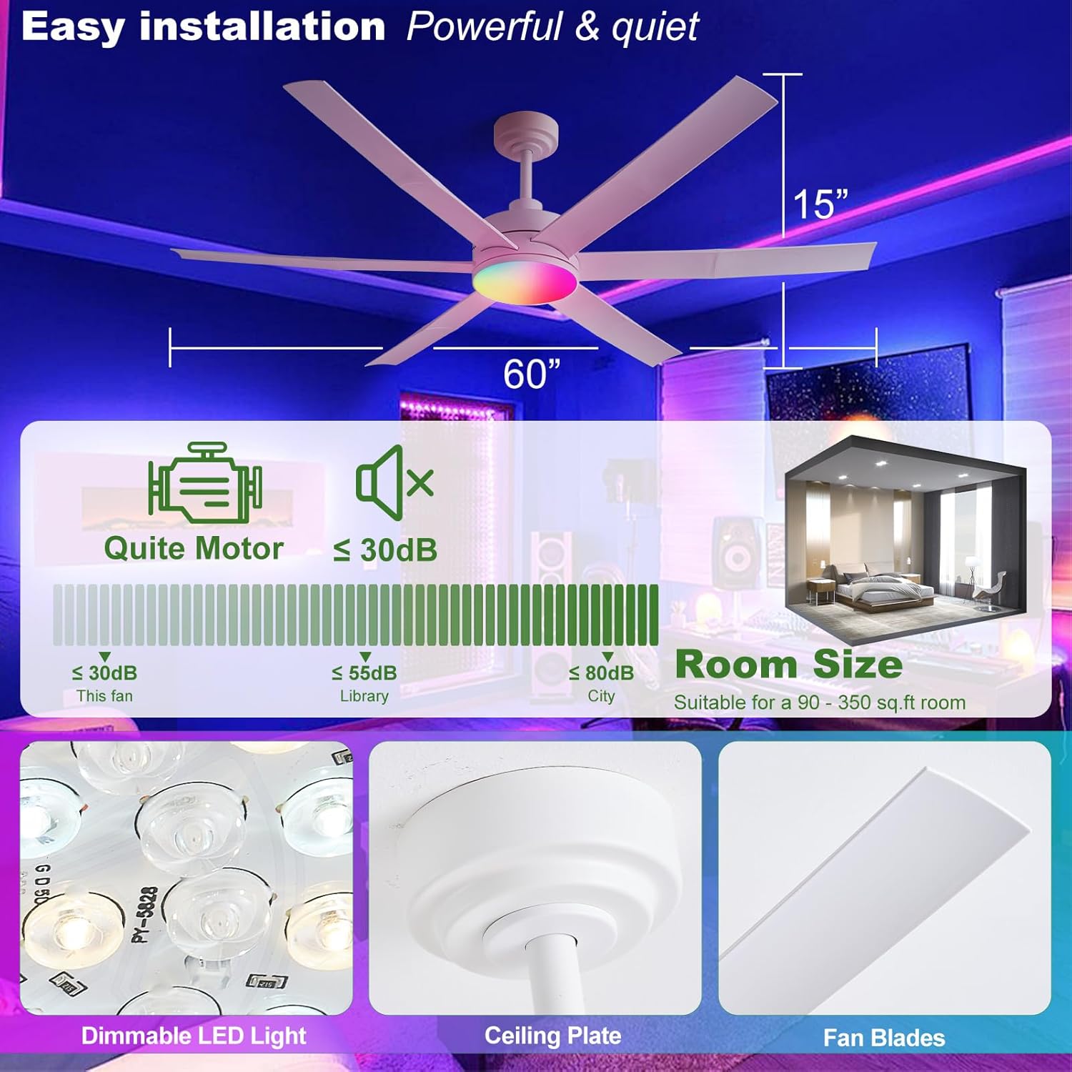 60" Smart Ceiling Fan with RGB Chasing Lights – Quiet DC Motor with Sectional Blades Dimmable CCT via App & Remote Control, Fits Flat or Sloped Ceiling Mount for Large Living Rooms, White