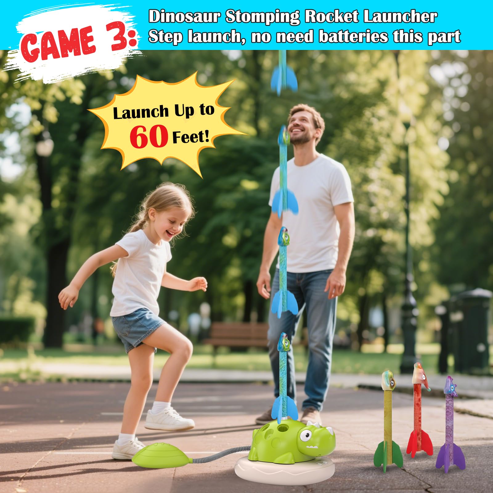 Jeux Exterieur Enfant 3 en 1: Lancer, Musical Sauter, Fusée à Pédales Jeu Enfants, Jeux D'extérieur Enfant avec Télécommande, Jouets de Plein Air de Jardin Cadeaux pour Garçons Filles