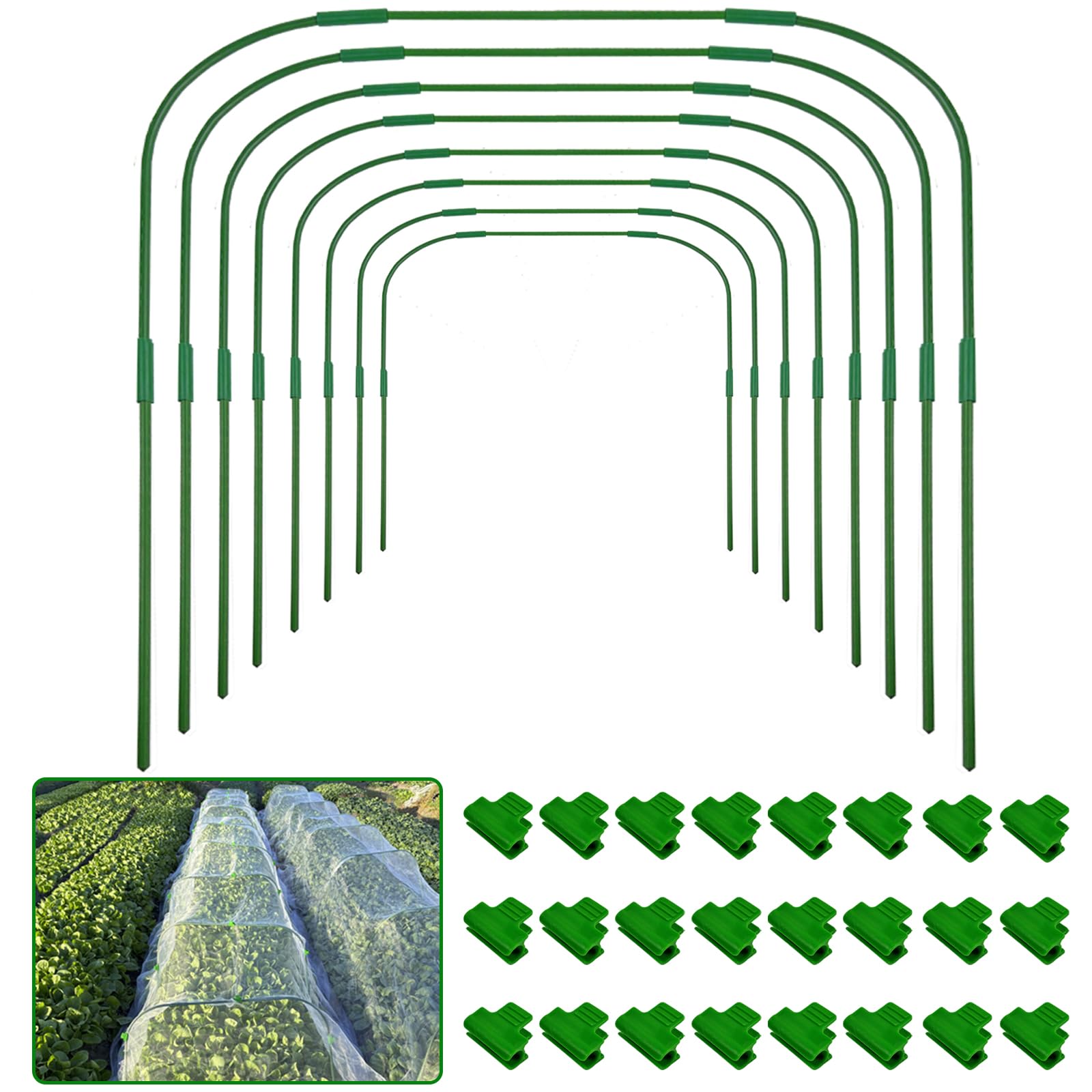 8 Sets 41.3"x32" Greenhouse Hoops Grow Tunnel for Garden Plants and Raised Beds,Durable Removable Rust-Free Steel Coated Frame Garden Hoops Kit with 24 Clips,Row Cover Hoops for Outdoor Vegetable
