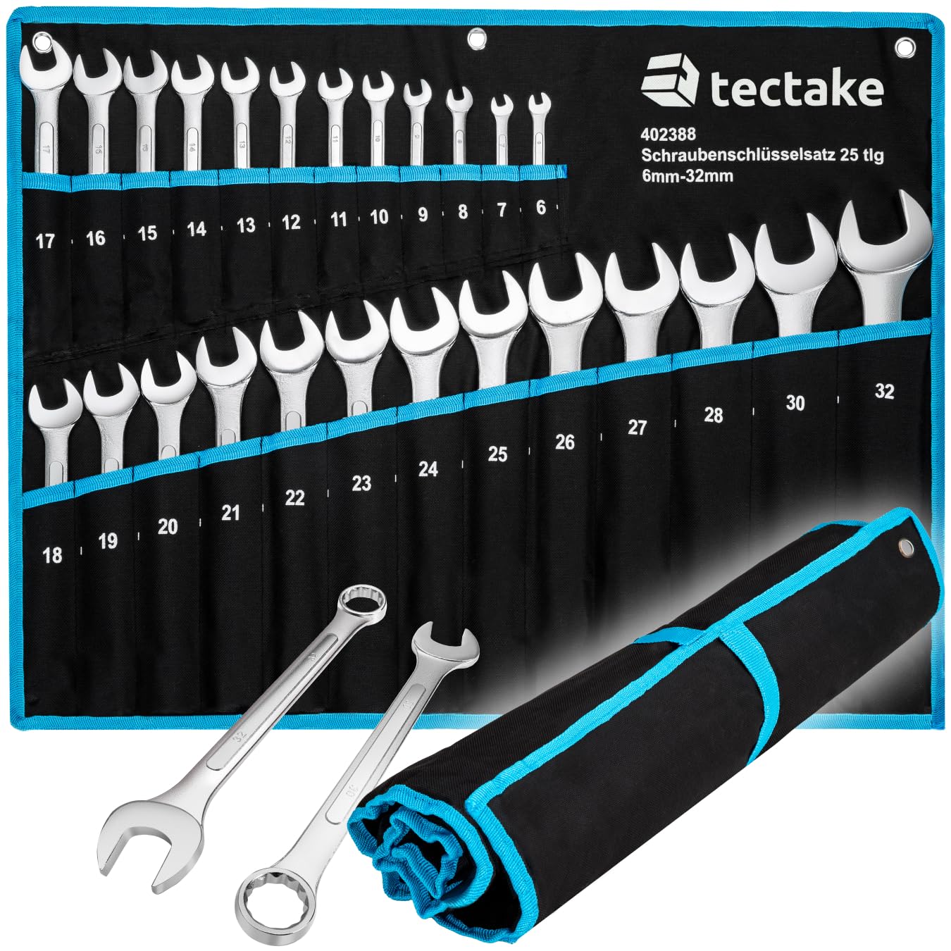 tectake® Lot 25 Clés mixtes Clés polygonales 6 à 32 mm en Acier-Carbone résistant, Jeu de clef plate Outils bricolage Outillage Outils Cle plate cle mixte, Trousse de rangement incluse, Noir/Bleu