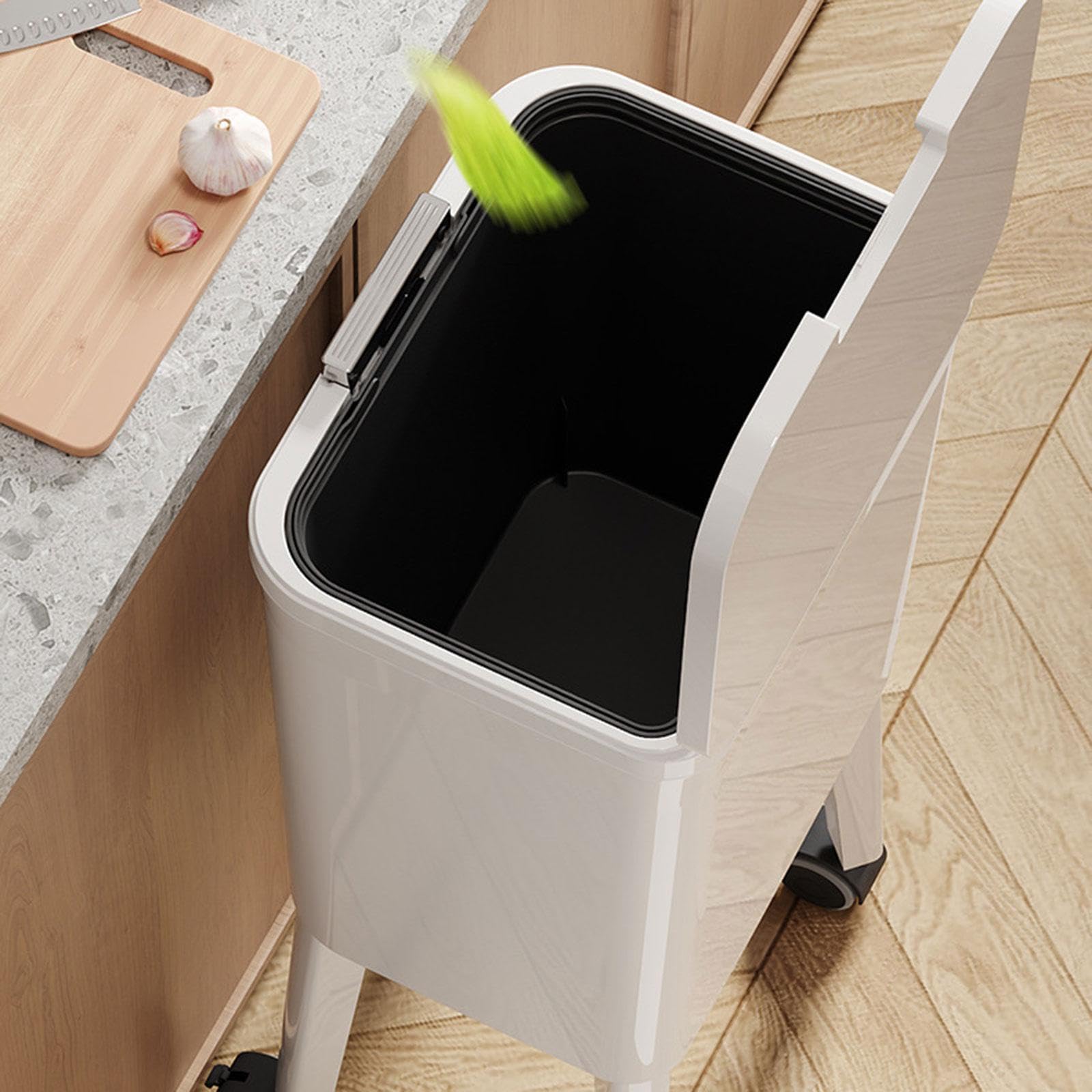 Qianly Basurero Alto de Cocina con Tapa de Presión, 68,5 cm Cubo de Basura Estrecho con Ruedas Giratorias Recipiente Interior Extraíble Y Patas Elevadas Adecuado para Espacios Pequeños, Blanco