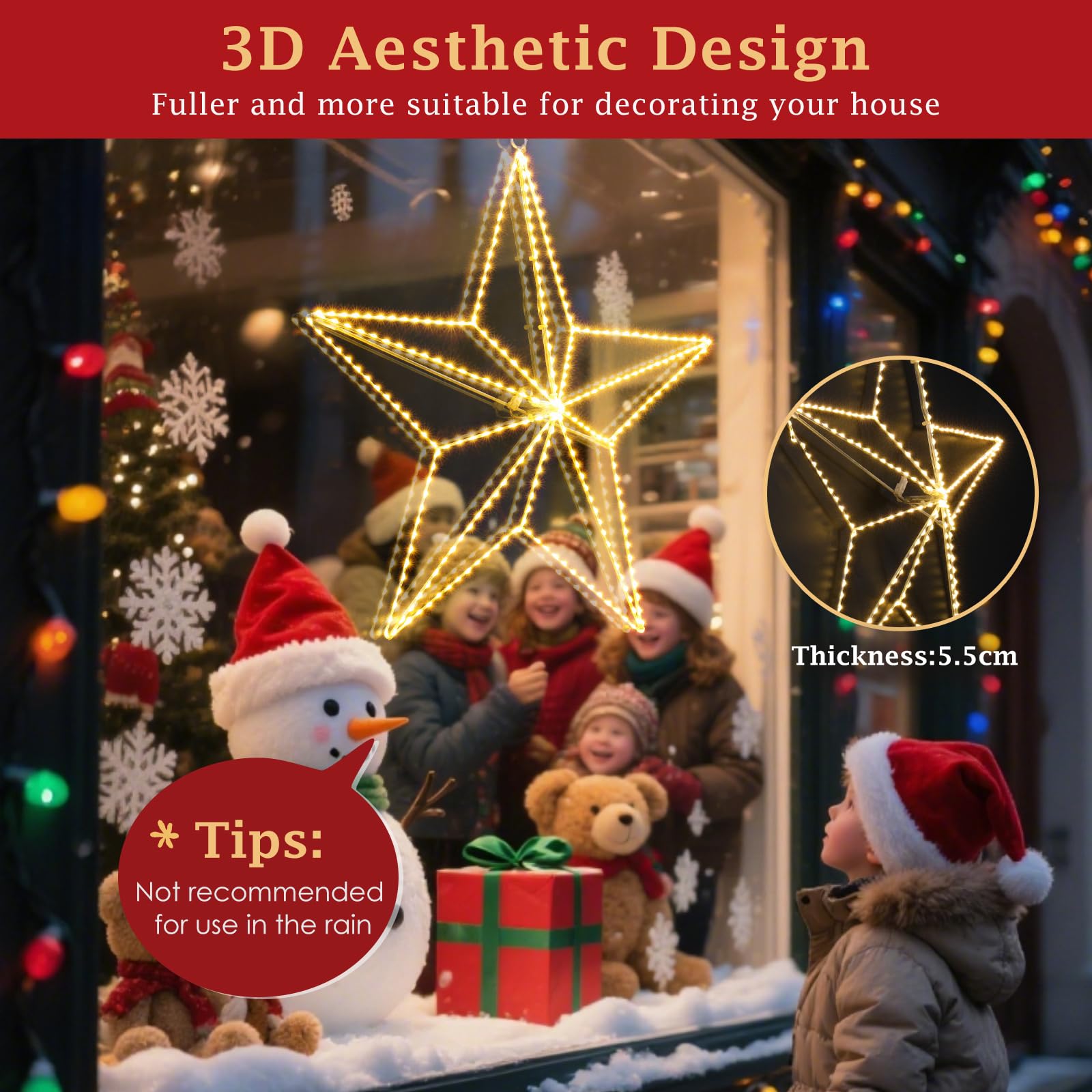 GlobaLink LED Weihnachtsdeko Fenster - 3D Fünfspitzstern Eisenleuchten mit Stecker (Netzbetrieb), 282 Warmweiß-LEDs, Faltbar, Indoor/Outdoor für Schlafzimmer, Weihnachtsfeier & Außenbereich