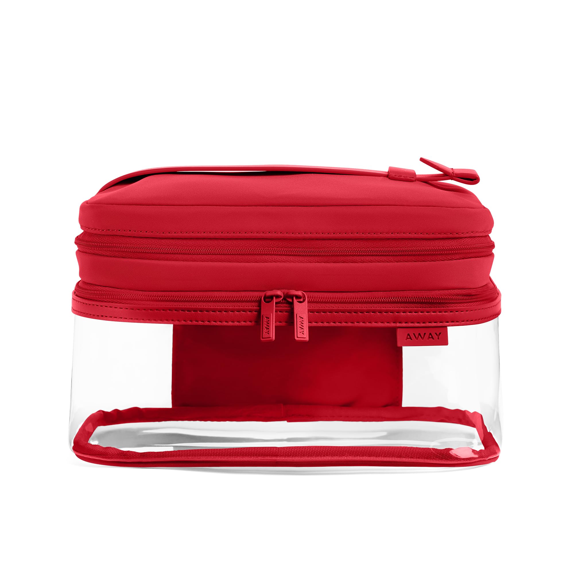 Away Clear Cosmetic Case for Travel, TSA Approved Double Compartment Makeup & Cosmetic Organizer with Leather Handle, Transparent Carry-On Pouch for