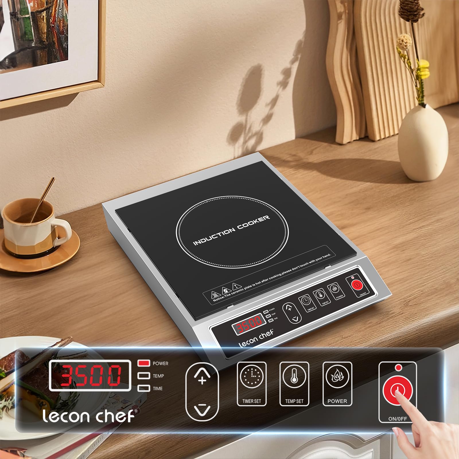 Induktionskochplatte, 3500W Einzelinduktionskochfeld, Kochplatten, 50KG Große Tragfähigkeit Edelstahlgehäuse, 24-Stunden-Timer, Ultradünnem tragbar Design