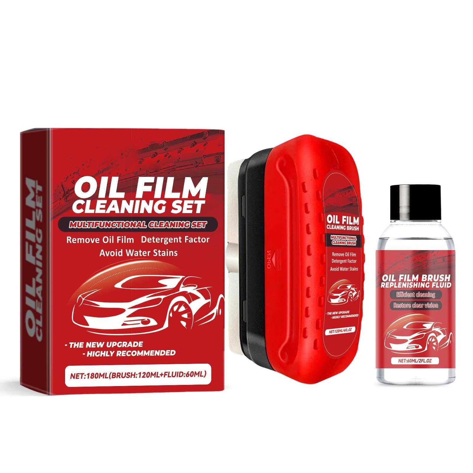 Automotive Oil Film Cleaning Brush, 120ml Car Glass Oil Film Remover, Auto Windshield Glass Oil Film Cleaner, Windscreen and Window Oil Film Removal for Car Glass Cleaning (1PC+1PC Cleaner)