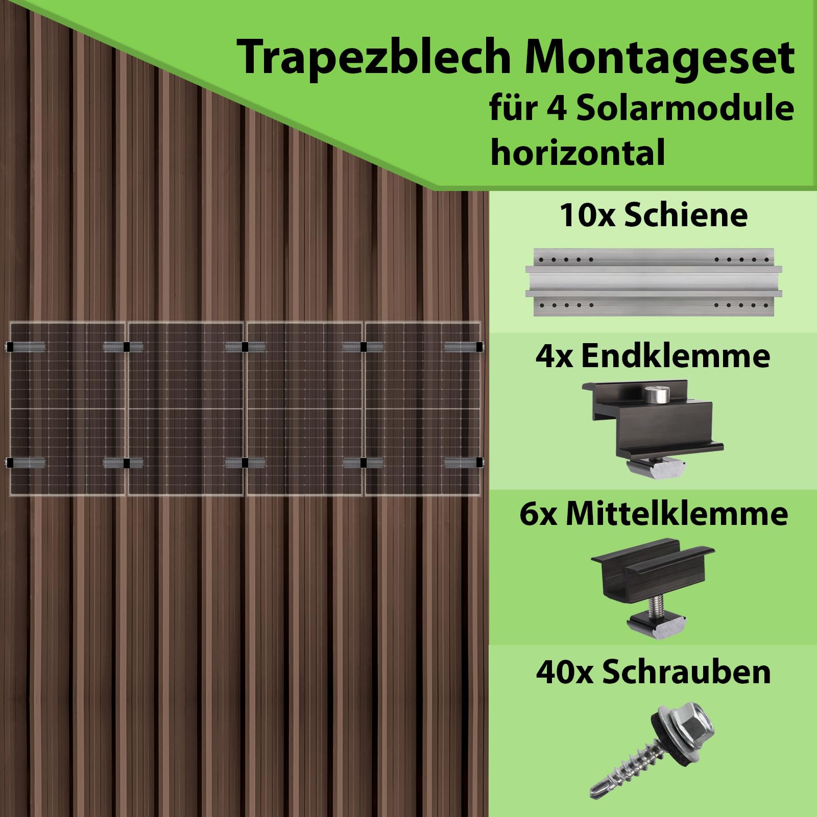 Photovoltaik Trapezblechdach Montageset für 4 Module | Privatkunden Steuersatz 0% | Befestigung Trapezblech Solarmodul Halterung PV Montagesystem Aluminium, Modulanordnung:Horizontal