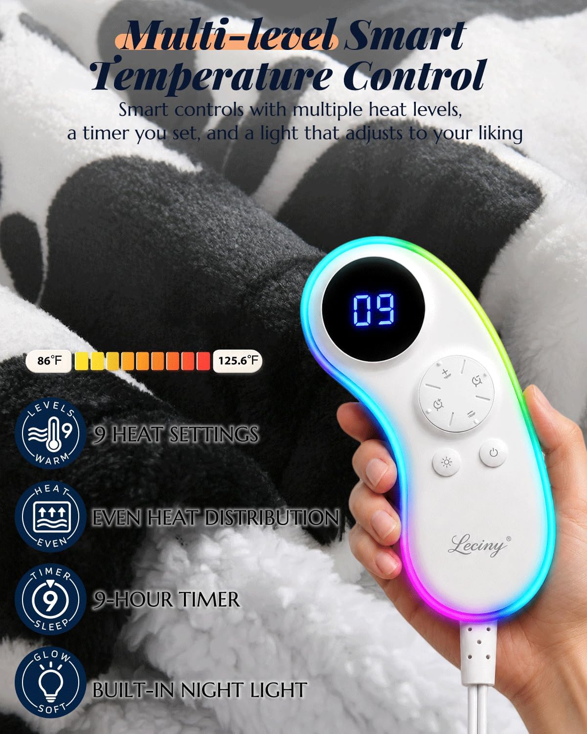 Wearable Heated Blanket Wrap: Cozy Full-Body Warmth with Foot Pocket | 125.6°F Fast Even Heat - Dual Overheat Protection - 9 Heat Levels 9H Timer - 7 Color Night Light Controller - Cow Print Black