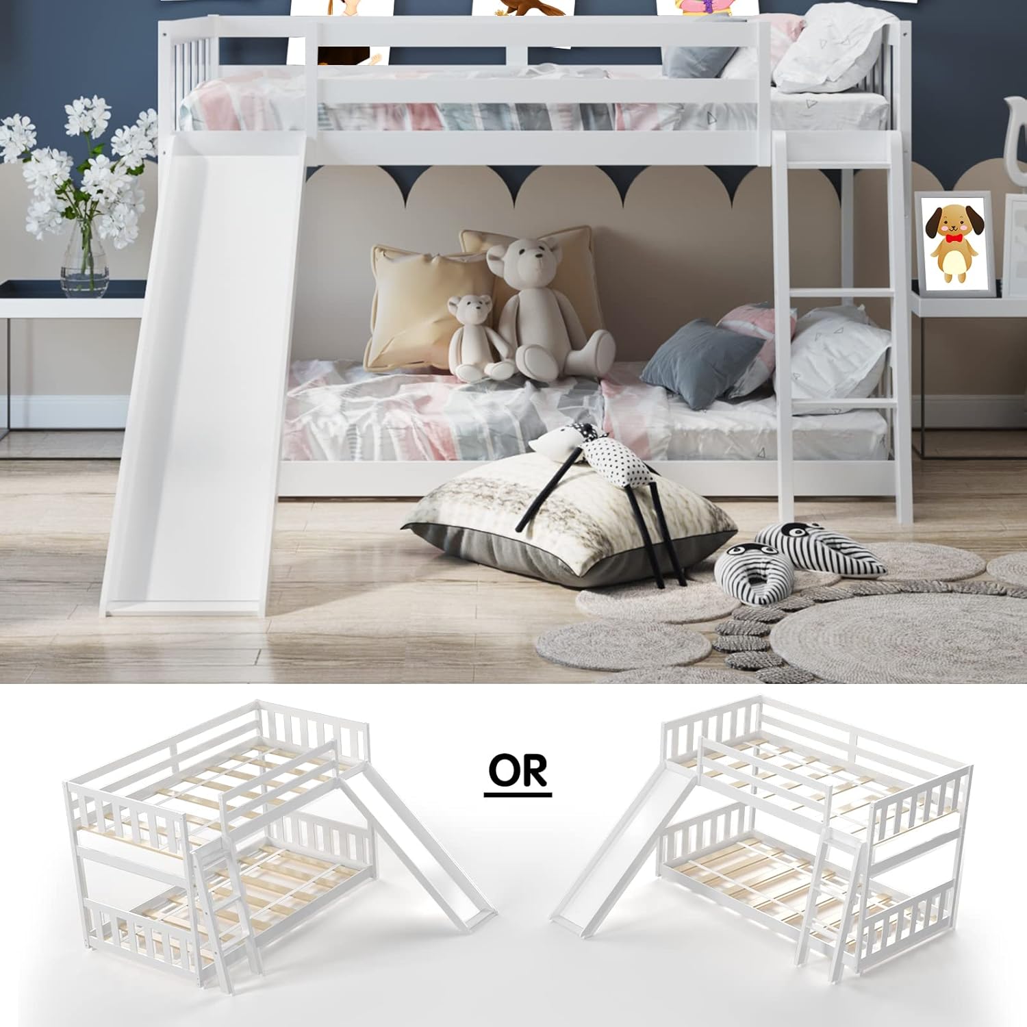 Twin Over Twin Size Bunk Bed with Slide, Loft Low Bunk Beds, Wood Floor Bed Frame with Ladder & Guardrail, No Box Spring Needed, Space-Saving Modern Bunk Bed for Kids, Adults (White)