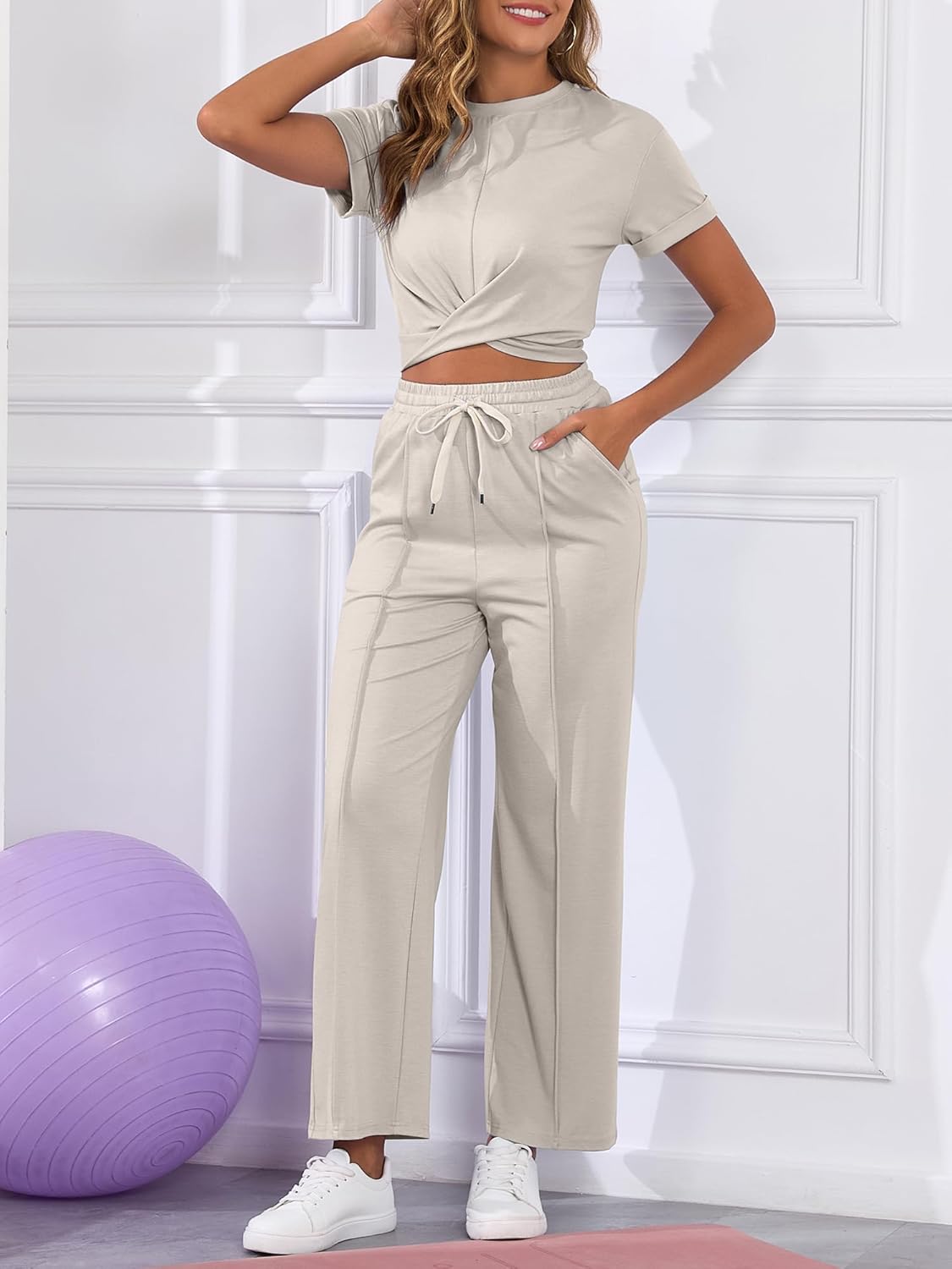 Two Piece Sets for Women Summer Outfits Lounge Sets Twist Front Crop Tops Wide Leg Pants Vacation Travel Clothes - Image 6