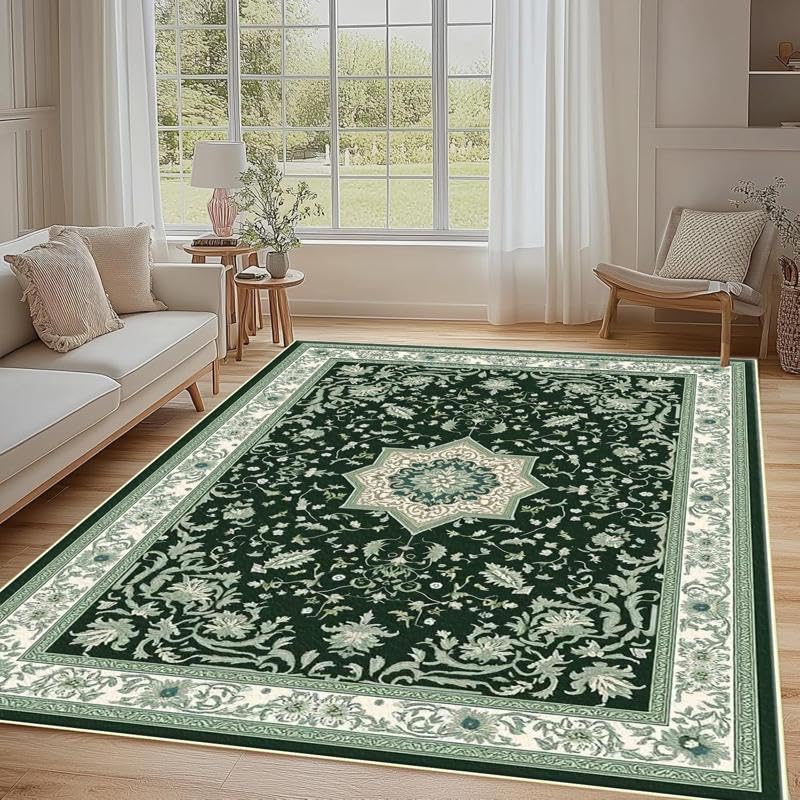 Tapis floral émeraude 200x290 cm lavable avec envers antidérapant