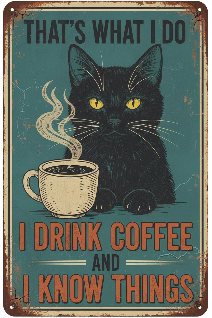 Metal Black Cat Tin Sign Vintage Wall Decor That's What I Do I Drink Coffee Funny Cat Tin Sign Funny Retro Decor Decorations Poster 8x12inch