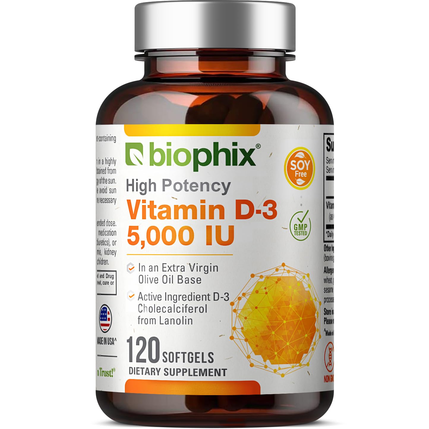 biophix Vitamin D3 5000 IU Softgels 120 Count (125mcg) - Vitamin D-3 High-Potency in Extra Virgin Olive Oil Soy Free for Men and Women - VIT 3D Supplement Supports Strong Bones & Immune Health