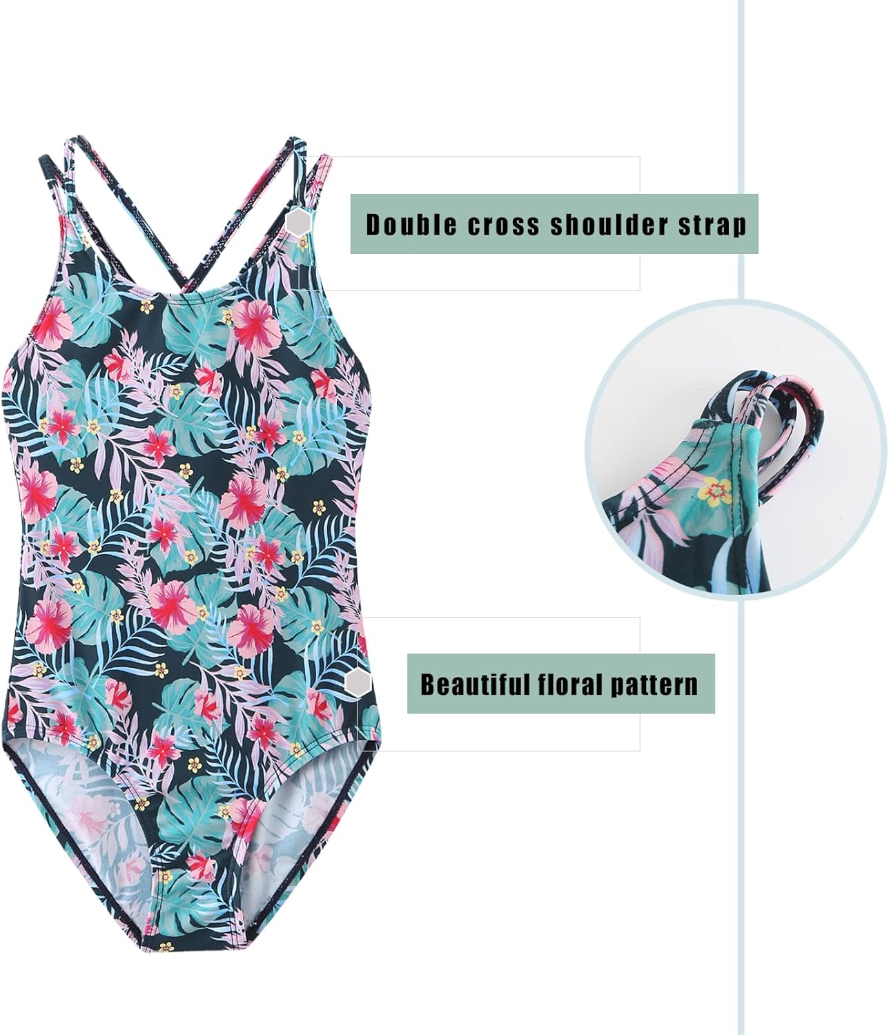 Girls One Piece Swimsuits Hawaiian Floral Bathing Suit for Kids Adjustable Straps Swimwear 3-16 Years - Image 3