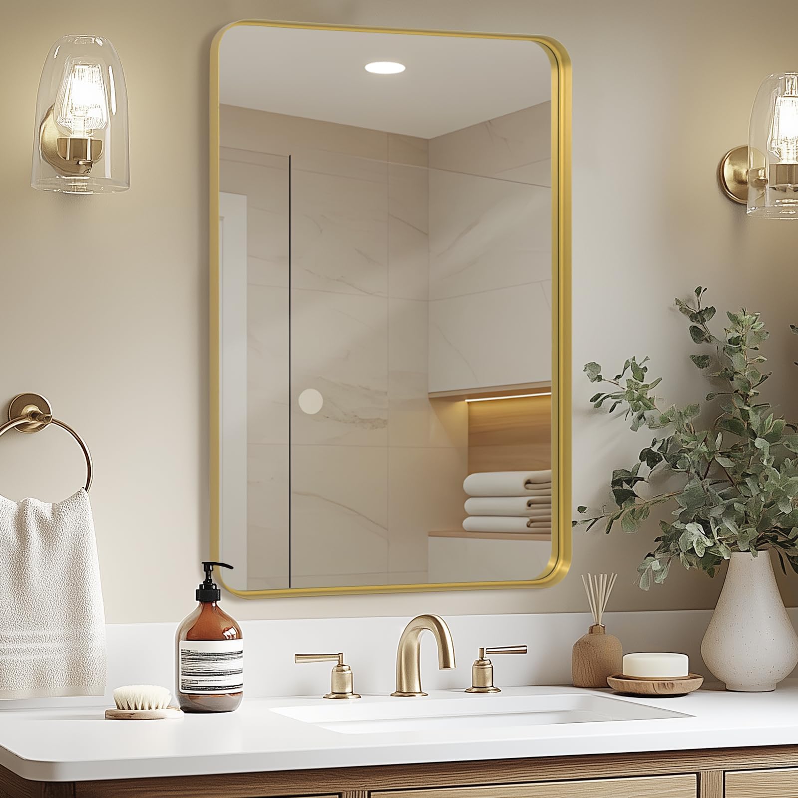 Wall Mirror 50x75 CM Wall-Mounted Bathroom Vanity Mirror Shadow Box Gold Frame Home Decor Rectangle Hanging with Curved Corners for Hallway Entrance Living Room Bedroom