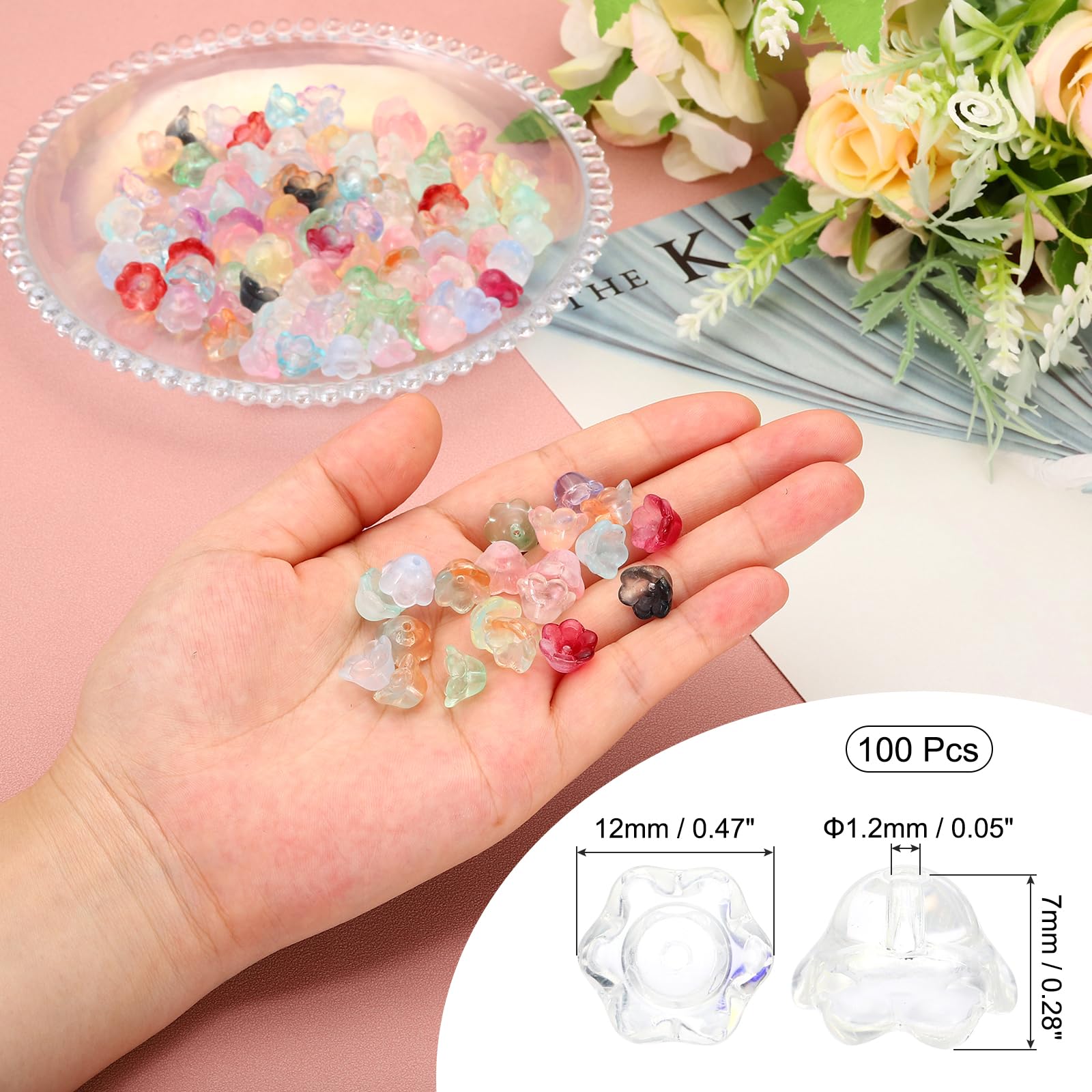PATIKIL Glass Trumpet Flower Beads, 100 Pcs Gradient Flower Bead Charm for DIY Craft Decorations AB White - Image 2