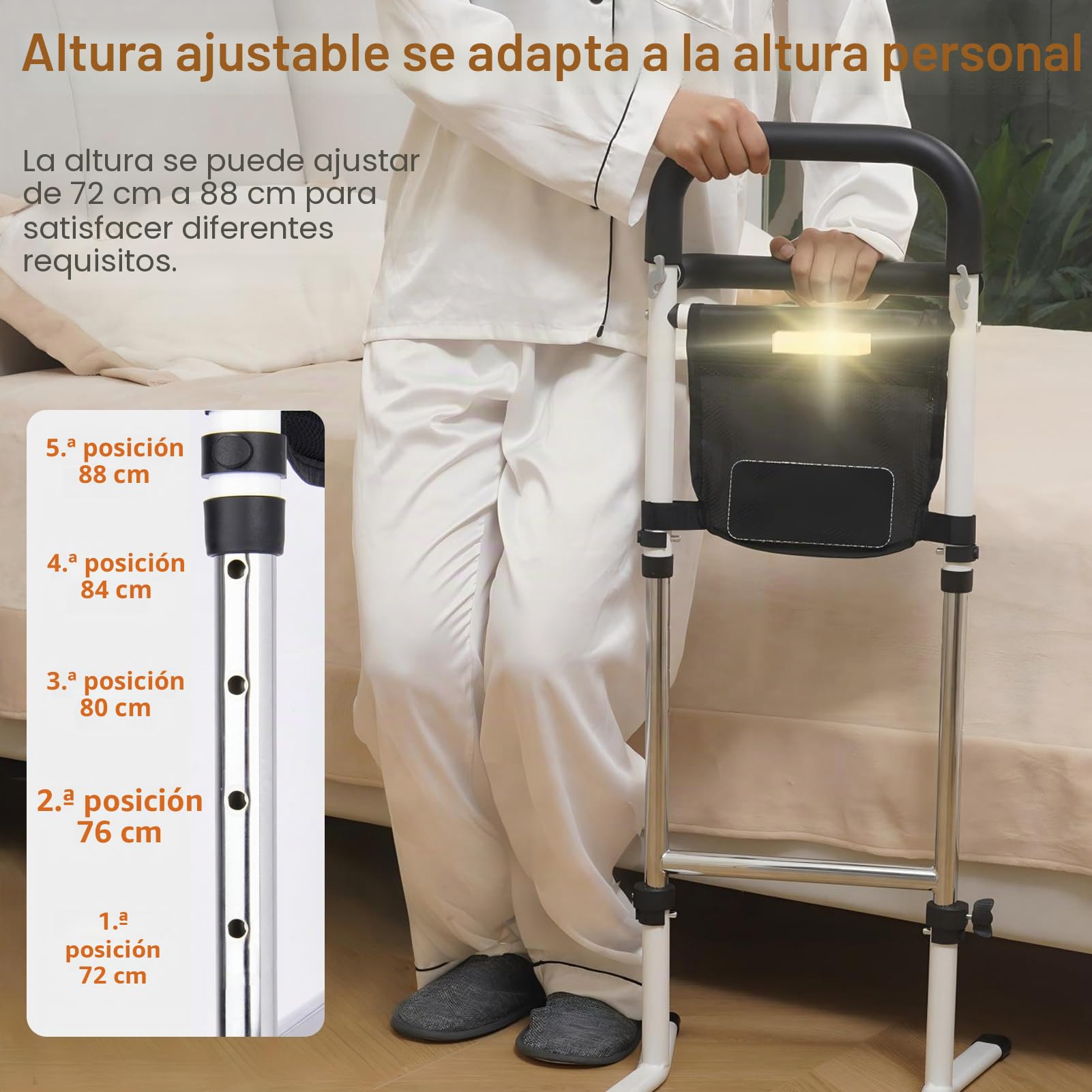 Ayuda para Levantarse y Sentarse para Personas Mayores, Altura Ajustable en 5 Marchas, Asistencia en la Cama/Sofá/Inodoro, con Bolsillo y Sensor de Luz, Capacidad Máxima de Carga 150 kg