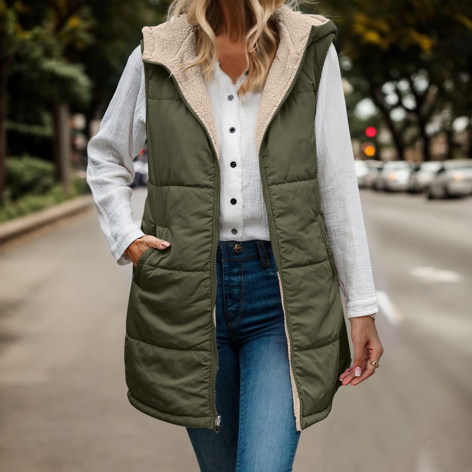 Doudoune sans Manches Femme Capuche, Manteau Femme Hiver Chic Grande Taille Hiver Randonnée Blouson Zipé Doudoune sans Manche Poches Capuche Gilet Extérieure À Courtepointe Blouson Capuche Gilet