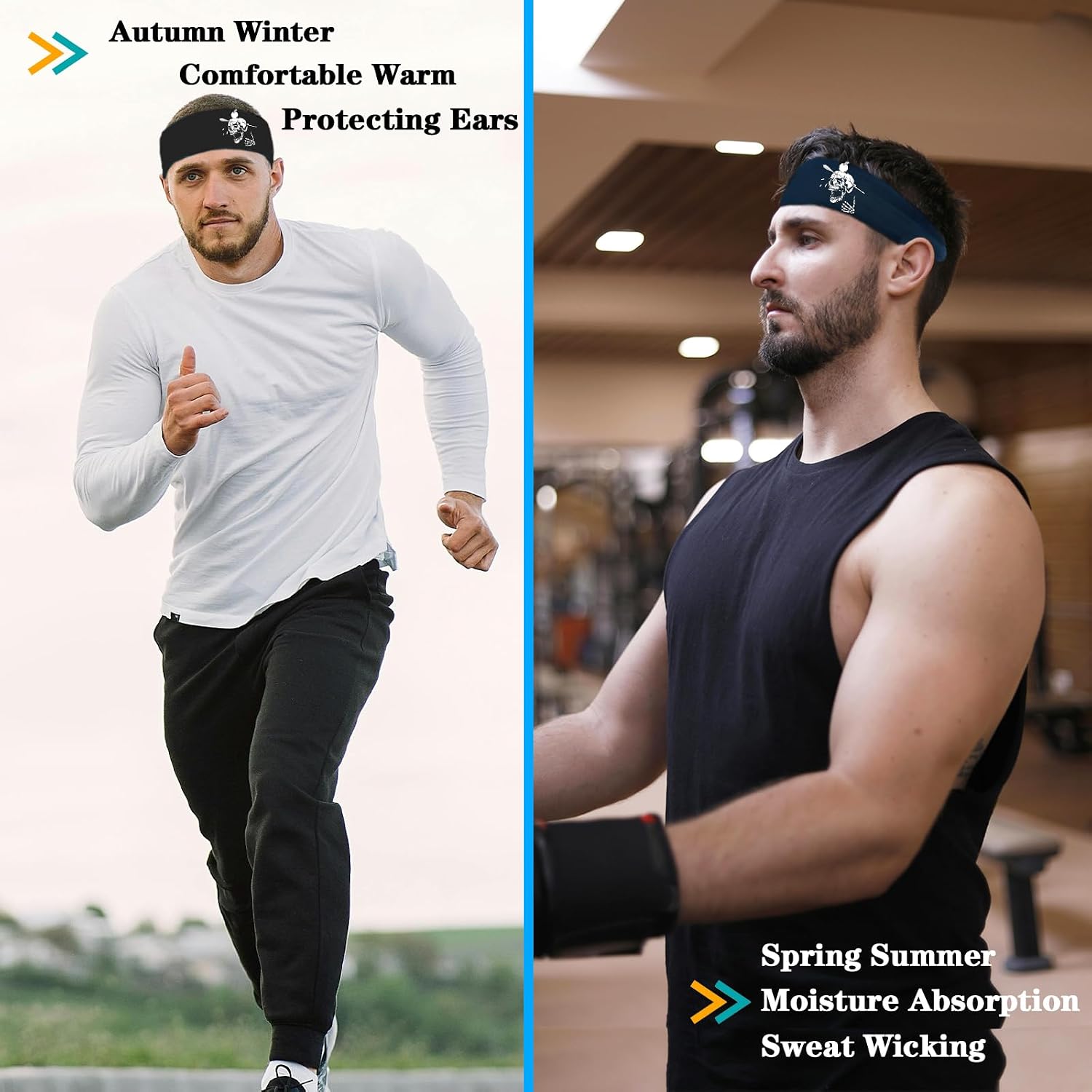 Headbands for Men Women 3pcs Sports Sweat Bands Headbands Men Sweatbands Workout Headband for Mens Running Cooling Skull Sweat Band Head Bands