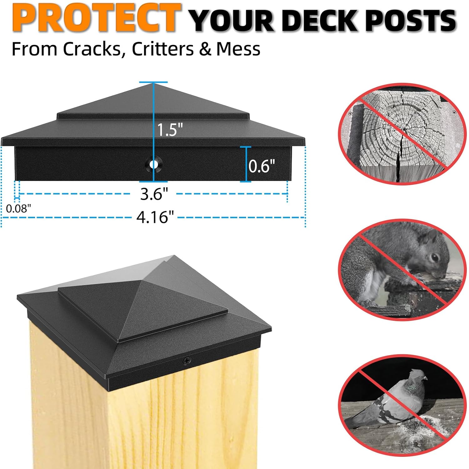 4x4 Aluminum Pyramid Post Caps for Actual 3.5" x 3.5" Wood Posts, Heavy-Duty Fence Post Caps Cover for Cedar Fence Deck Mailbox - Weatherproof, Rust-Resistant, Matte Black Finish-12 Pack