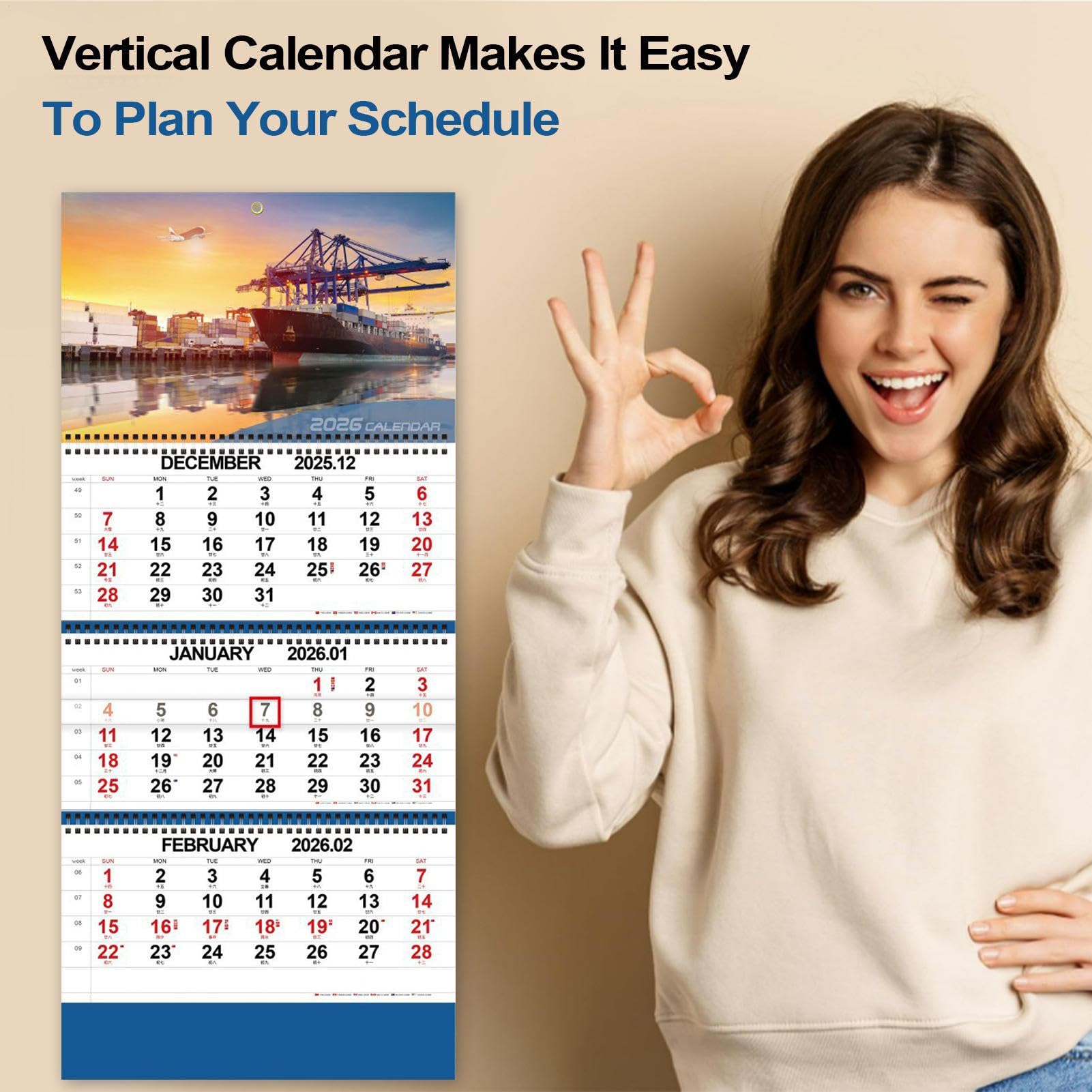 Calendrier D'expédition 2026, Calendrier Mural à Trois Volets, Calendriers à Plat, Calendriers Verticaux De Bureau Pour L'organisation Et La Planification Quotidiennes 33 X 22 Cm