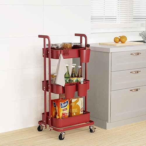 Miniatura 7 de Carrito plegable de 3 niveles, carrito de metal con ruedas, 3 tazas colgantes y 6 ganchos, carrito plegable para sala de estar, cocina, baño,