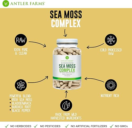 Miniatura 5 de Antler Farms Complejo de musgo marino 100% puro, 130 cápsulas, musgo marino irlandés silvestre, vejiga y raíz de bardana - Una potente mezcla para