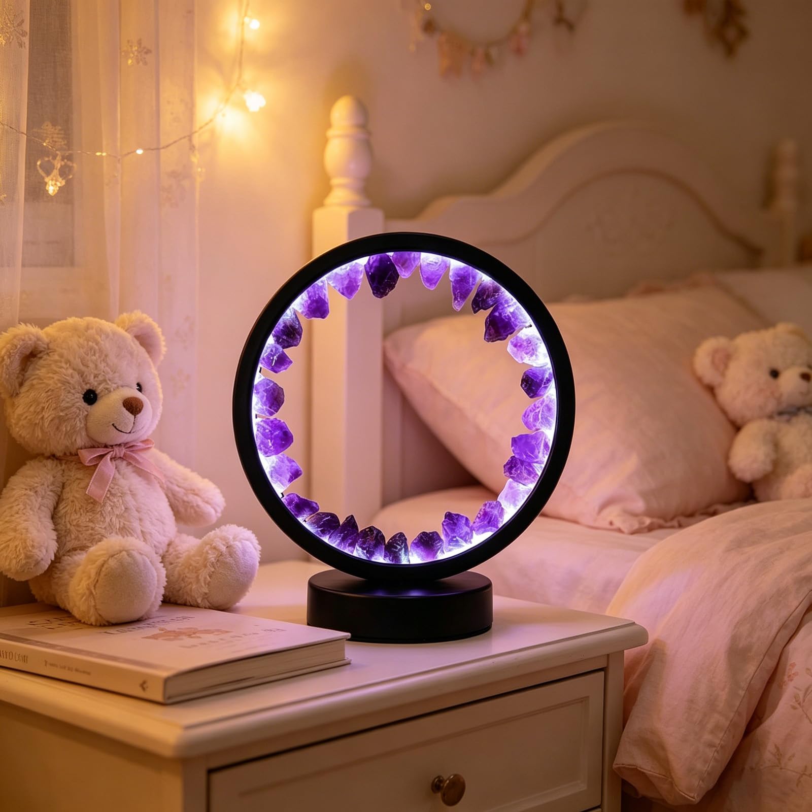 Amethyst Crystal LED Table Lamp Natural Healing Crystal Lamp USB Port 3 Colours Dimming Mode Bedroom Lamp for Bar Home Decor Gift Office Meditation W 7.09 in x H 8.66 in(Deep Amethyst Black)