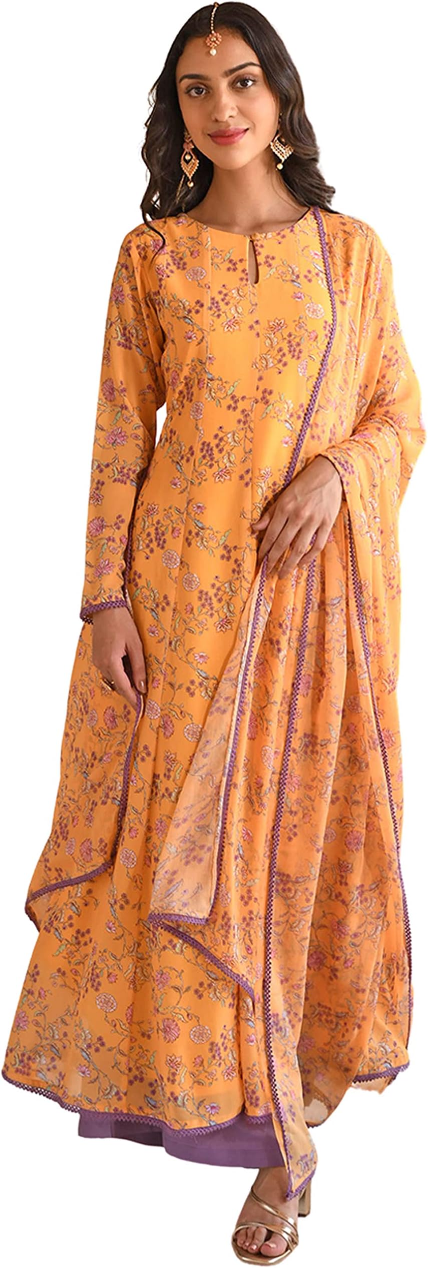 JanasyaIndian Women's Yellow Flowy Printed Kurta Kurti Top Tunic Festive Evening wear Kurta Set with Dupatta for Women