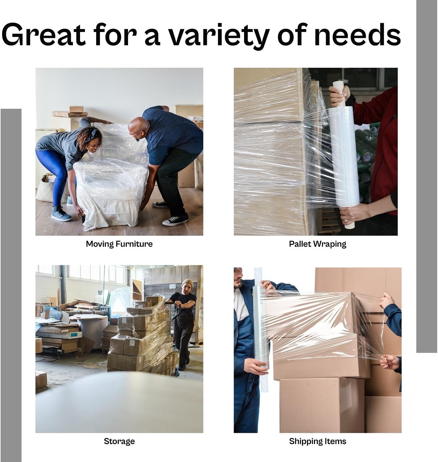 Shield Stretch Wrap with Extended Core Handles, 4 Pack, 30 Inch x 1000 Feet, 70 Gauge, Clear, Large Plastic Cling Film for Pallets Moving Storing