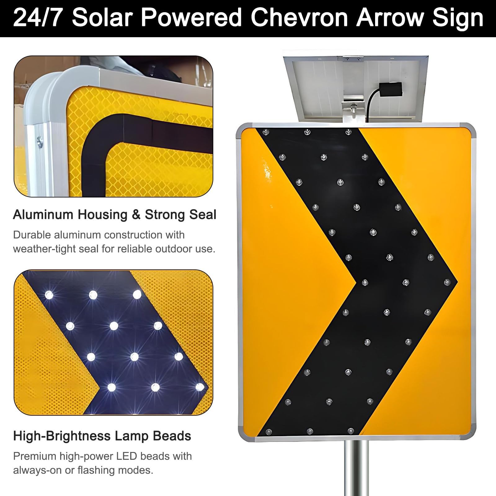 Letrero Luminoso Led Solar De 16" X 24", Letrero Rectangular con Flecha Derecha Y Chevron, Material Reflectante De Alta Intensidad, Distancia Visual: 300 M.