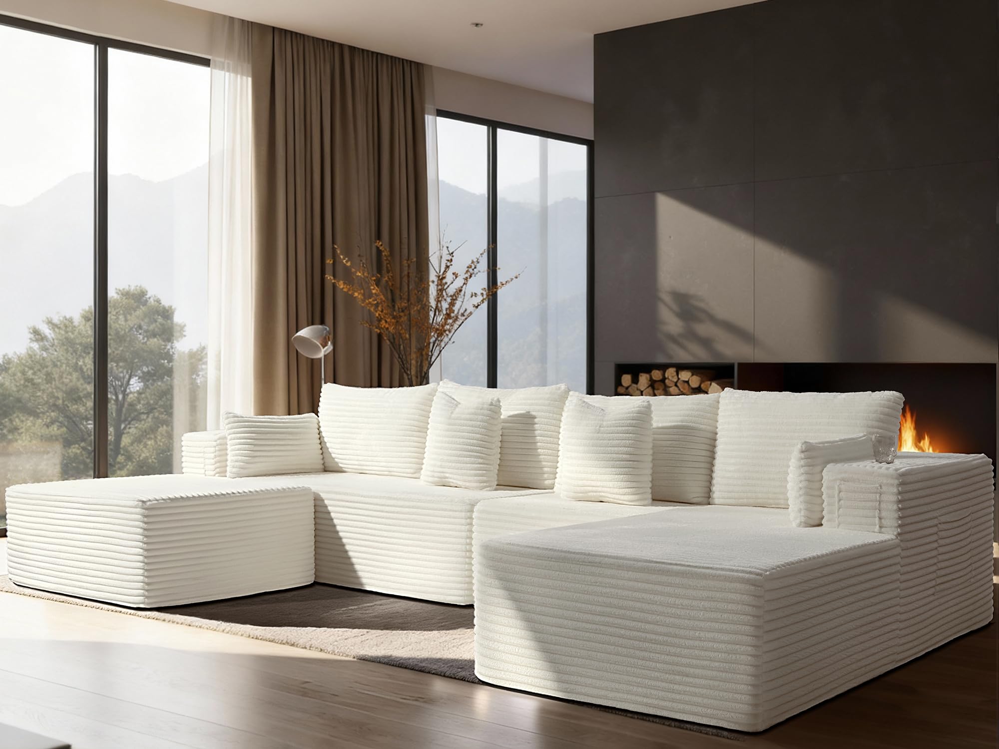 138" Cloud Sectional Couch, Comfort U Shaped Boneless Couch for Living Room, Extra Deep Seats No Assembly, Minimalist Modular Sofa, Corduroy (Cream, 3 Seater+Right Facing Chaise+Ottoman)