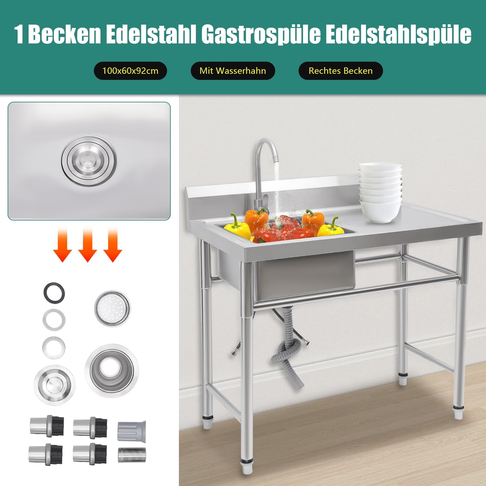 Freistehende Spültisch 100x60cm, Edelstahl Spülenschrank mit Spüle und Armatur, Küchenspüle mit Unterschrank, Ausgussbecken Edelstahl Einzelbecken, 360° Mischbatterie (Linker Spülbecken)