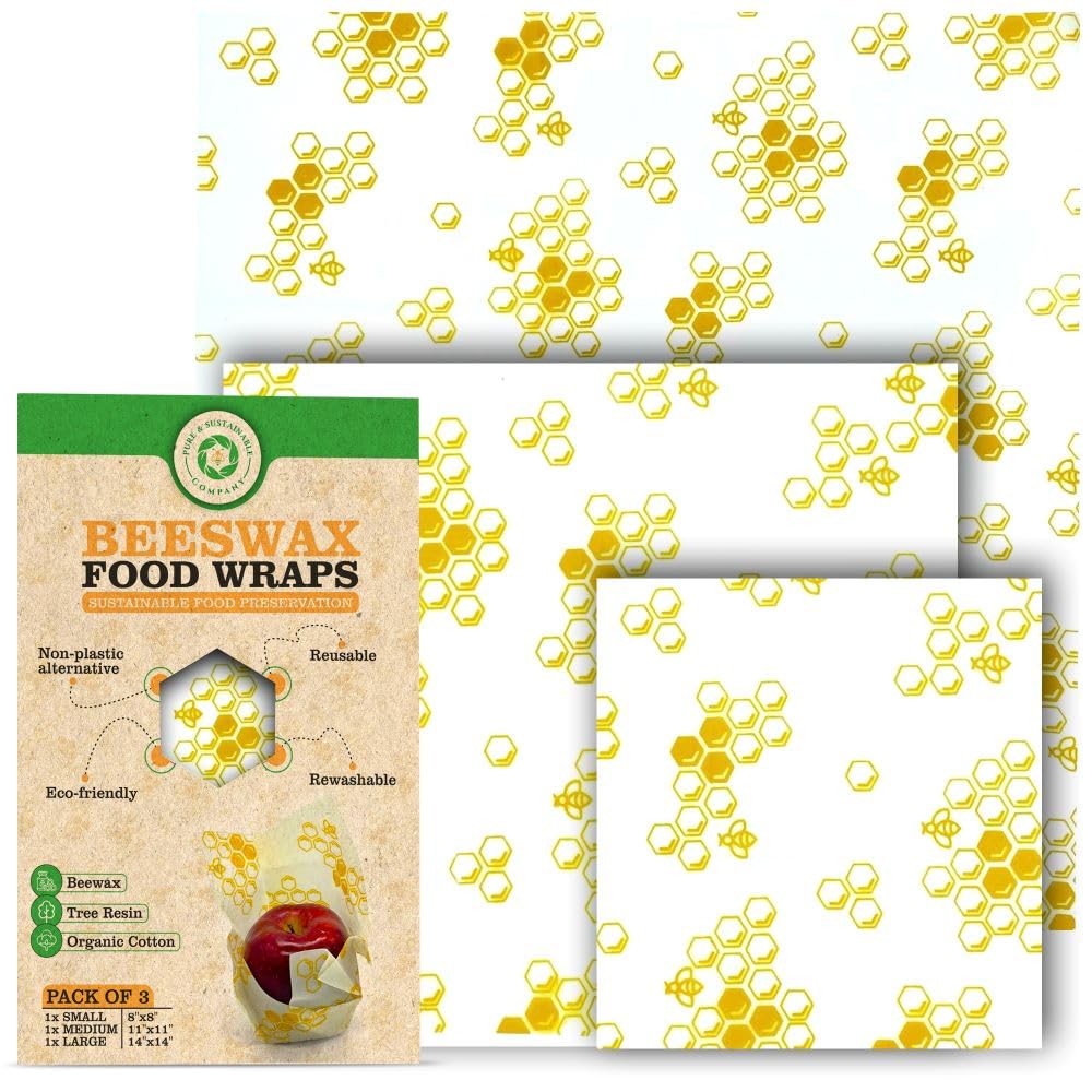 PURE & SUSTAINABLE COMPANYBeeswax Wraps - Food Storage -Pack of 3– Sustainable – Reusable - Organic Cotton Size S,M,L (Honeycomb Print)