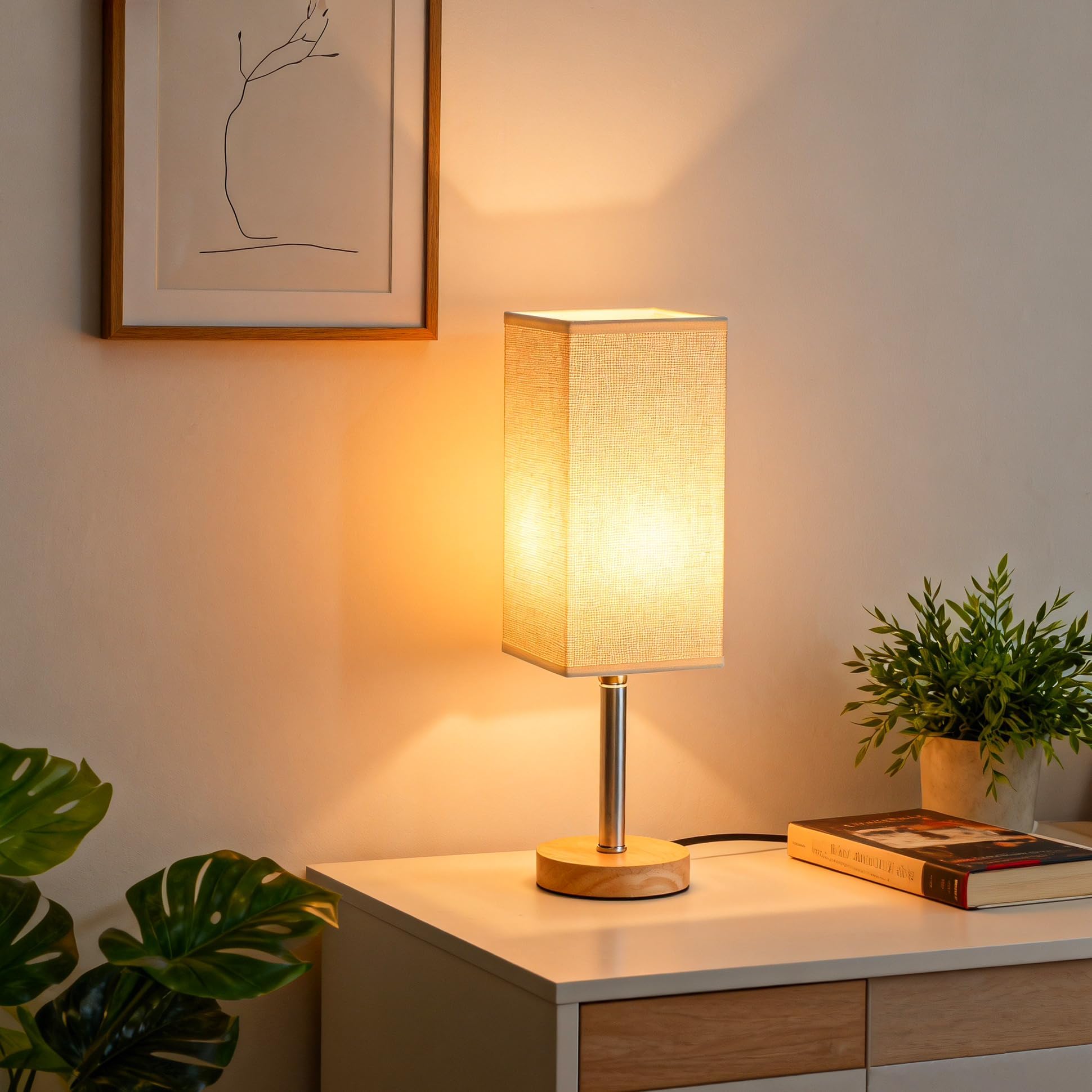 Waibejon Bedside Lamps, 3000K Warm Light Small Table Lamps, Table Lamp for Living Room Bedroom, Wooden Base Linen Fabric Shade, for Bedroom Kids Room Living Room Nightstand Home Office, On-Off Switch