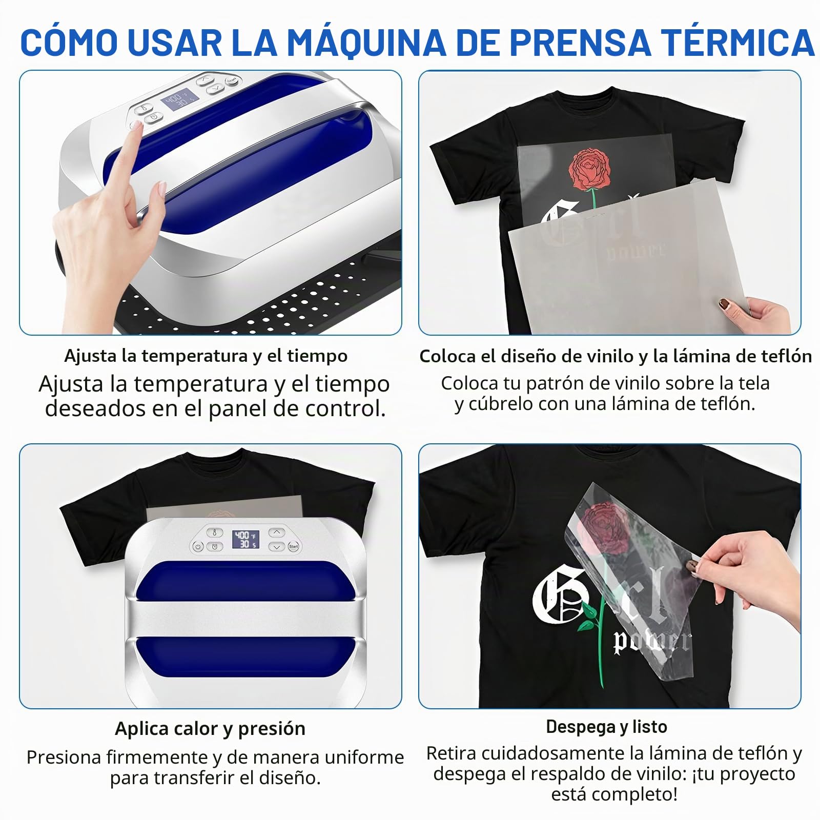 Prensa de Calor 30×25 cm/12"x10", Máquina de Transfer Portátil, Heat Press de Calentamiento Rápido para Sublimación y Vinilo HTV, Prensa para Camisetas, Cojines y Proyectos DIY (Azul)