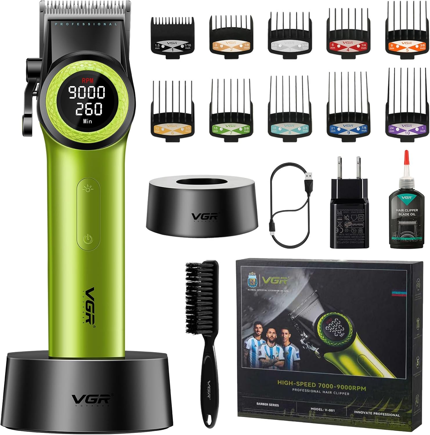 VGR 001 Professional Hair Clippers for Men, Cordless Barber Clippers for Hair Cutting, Carbon Steel Blade Hair Trimmers for Barbers, 9000RPM, LED Display, Green