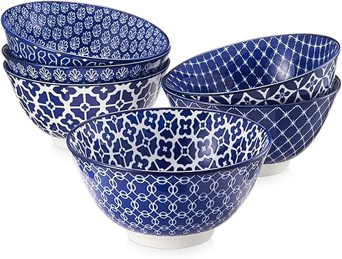 DOWAN Juego de 6 cuencos azules vintage de 23 onzas, cuencos de cerámica para sopa, cereales, frutas, cuencos de porcelana para decoración de cocina