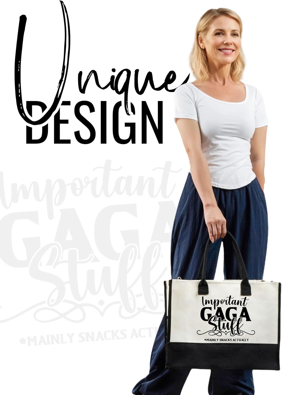 InnoBeta Gaga Gifts Canvas Tote Bag for Grandma, Important Gaga Stuff Bag with Top Zipper Closure and Shoulder Strap for Birthday, Mother's Day, Christmas - Image 2