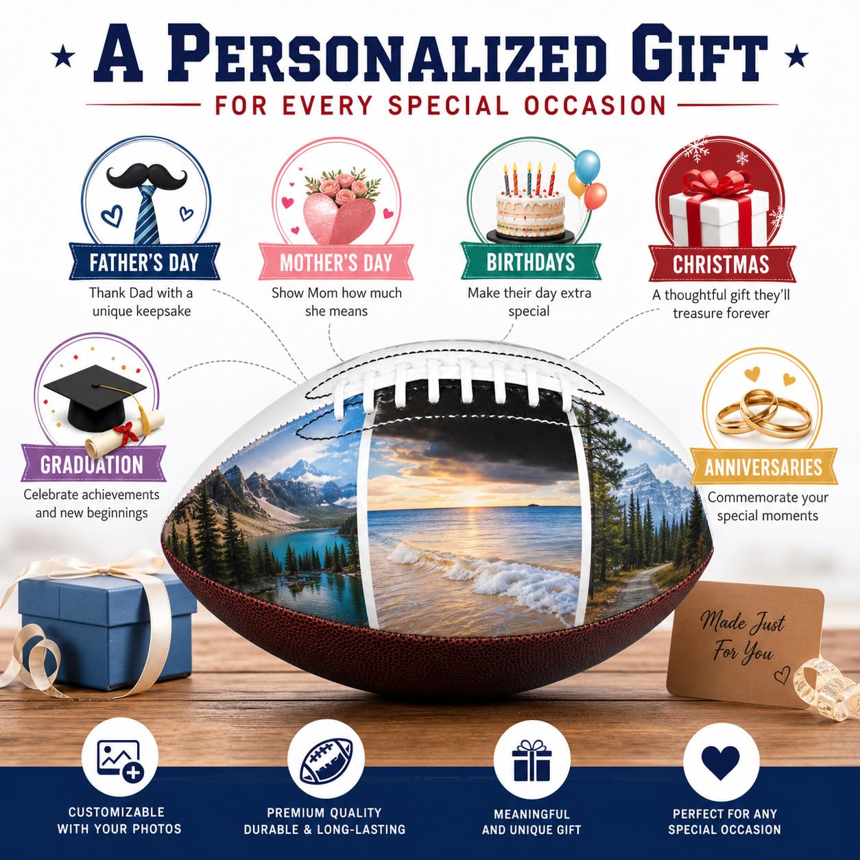 Gioco di Rugby Americano, Nome Personalizzato Happy Father's Day Football, Palloni da Football Americano Personalizzati con Foto Nomi, Calcio da Campo Adulti Brown