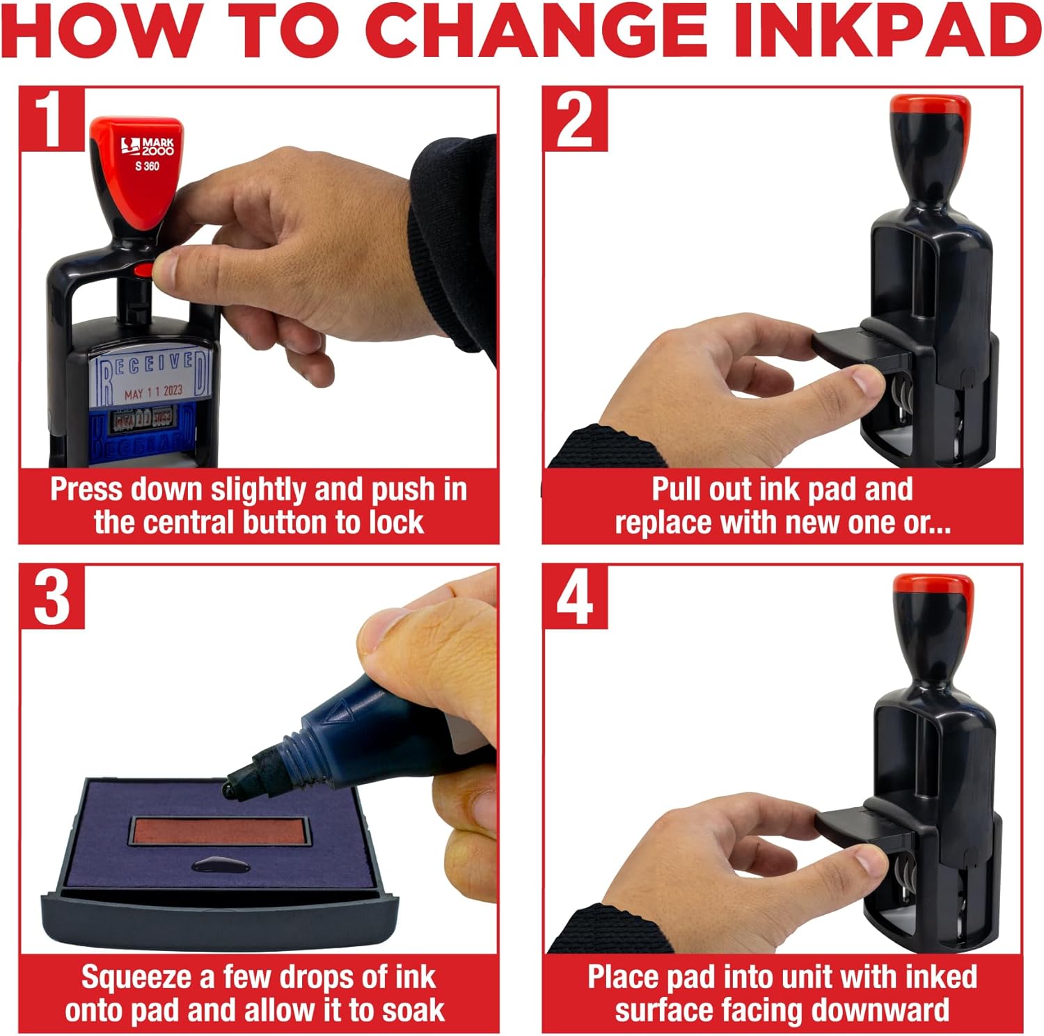 Mark 2000 Self-Inking Rubber Date Office Stamp with E-Mailed Phrase - Blue Ink & Date Red Ink - 12-Year Band