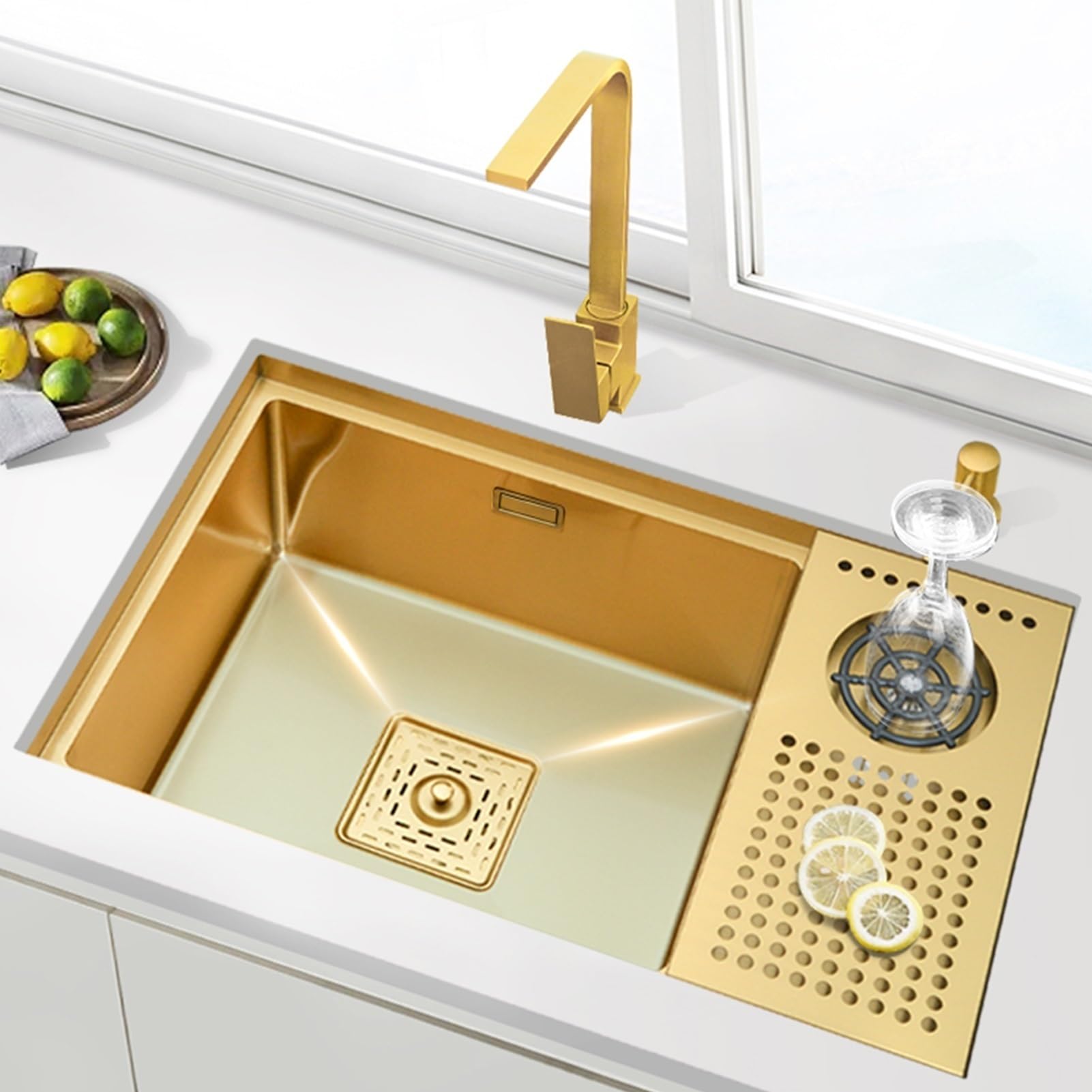 WIQUYBML Kitchen Sinks Golden 304 Stainless Steel Washbasin Square Hidden Bar (Color : Gold A, Size 56 * 38CM)