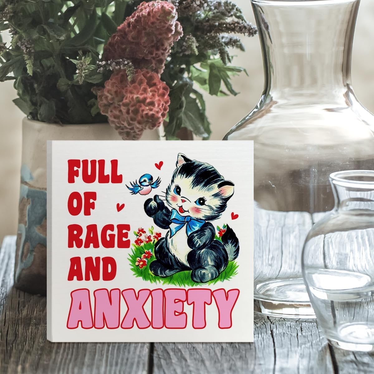 Funny Vintage Cat Anxiety Wooden Box Sign Office Desk Decor, Rage & Anxiety Sarcastic Humor Office Desk Accessories Decor Wood Box Sign for Women Men, Work Gifts for Coworkers Colleagues Friends Women image 4