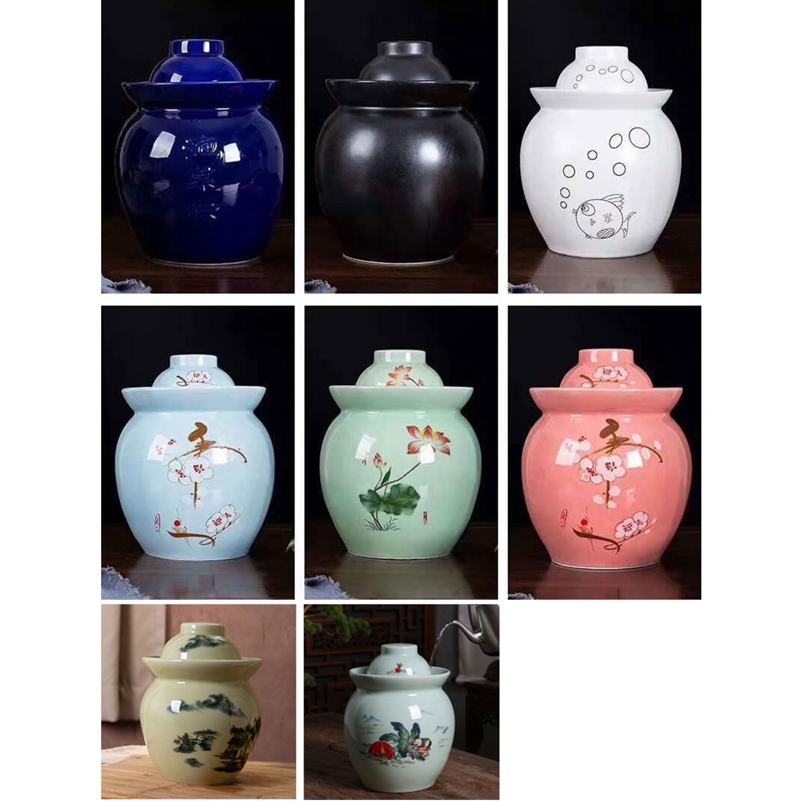 Ceramiczny słoik na pikle, Ceramiczny garnek fermentacyjny z pokrywką z uszczelką wodną, ​​tradycyjny chiński garnek fermentacyjny, kamionkowy garnek do kiszenia(Blue,0.6L)
