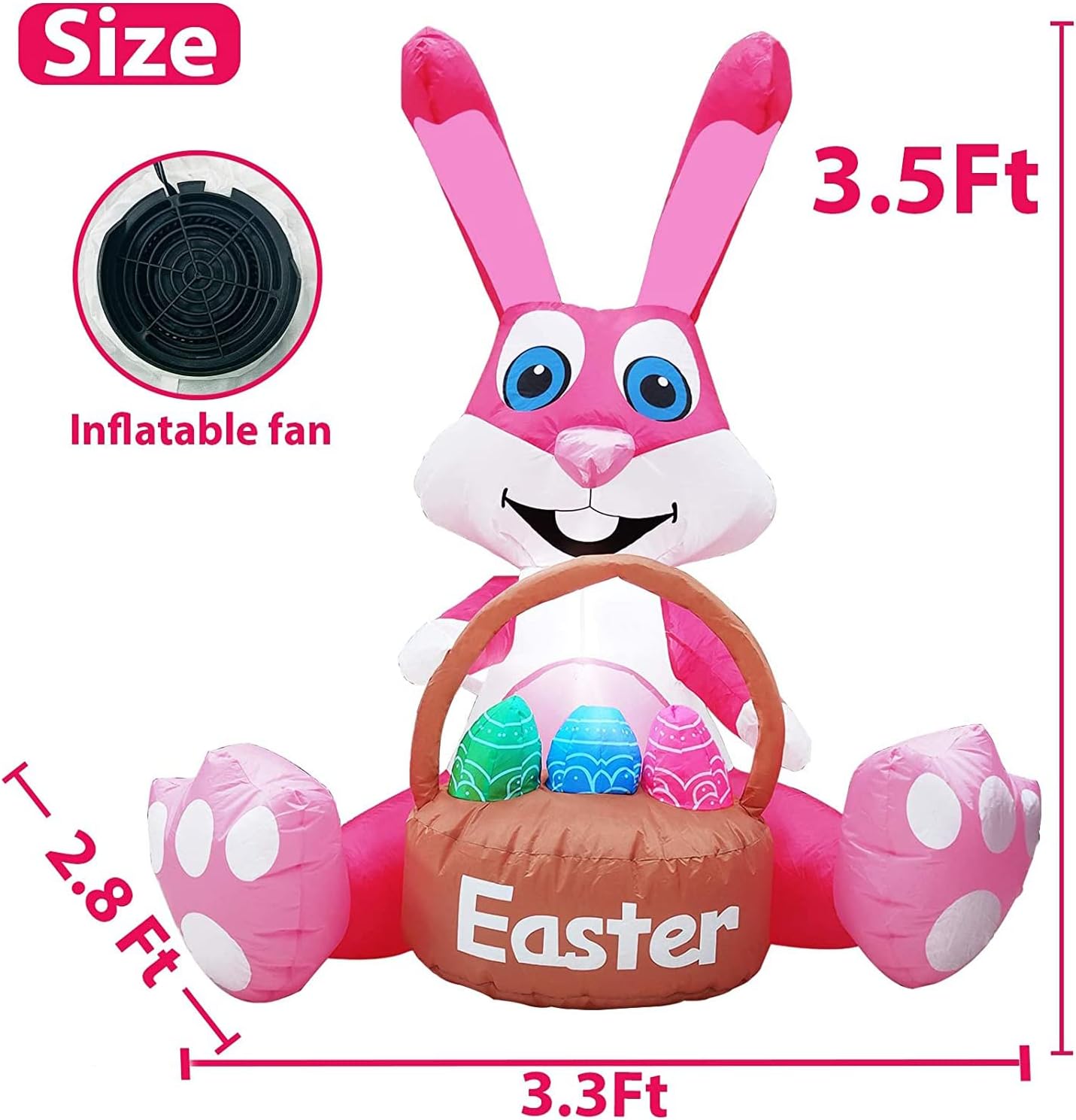 Easter Decorations Otdoor 3.5 Foot Easter Inflatables Bunny Blow up Holds Easter Eggs Basket Easter Yard Decoration with LED Lights Built-in for Holiday/Easter/Party/Yard/Garden Outdoor Decor